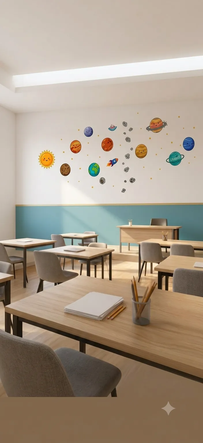 Aula de la academia con mesas de madera y mural del sistema solar en la pared